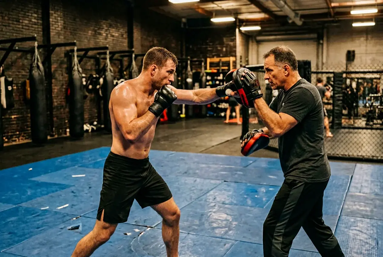 MMA fighter training with boxing pads in a gym, demonstrating striking technique