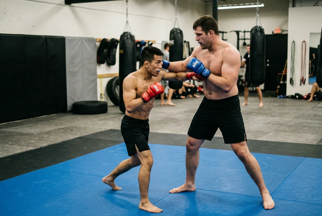 MMA fighters of different weight classes training inside a gym