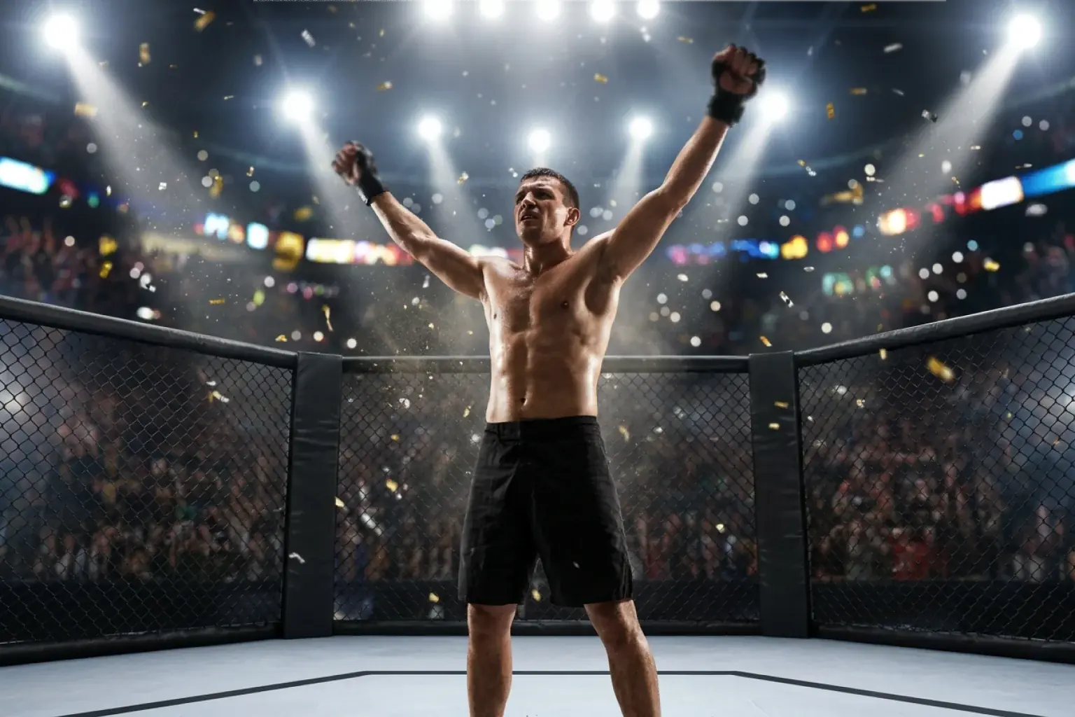 UFC fighter celebrating an upset victory inside the octagon with arms raised